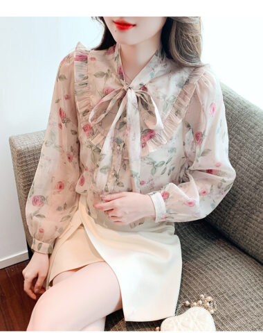 A334 : Áo sơ mi voan hoa hồng cổ thắt nơ (có lớp lót)