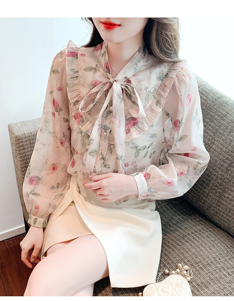 A334 : Áo sơ mi voan hoa hồng cổ thắt nơ (có lớp lót)