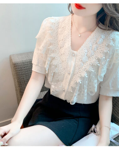 A333 : Áo sơ mi ren ngắn tay HQ cổ viền bèo