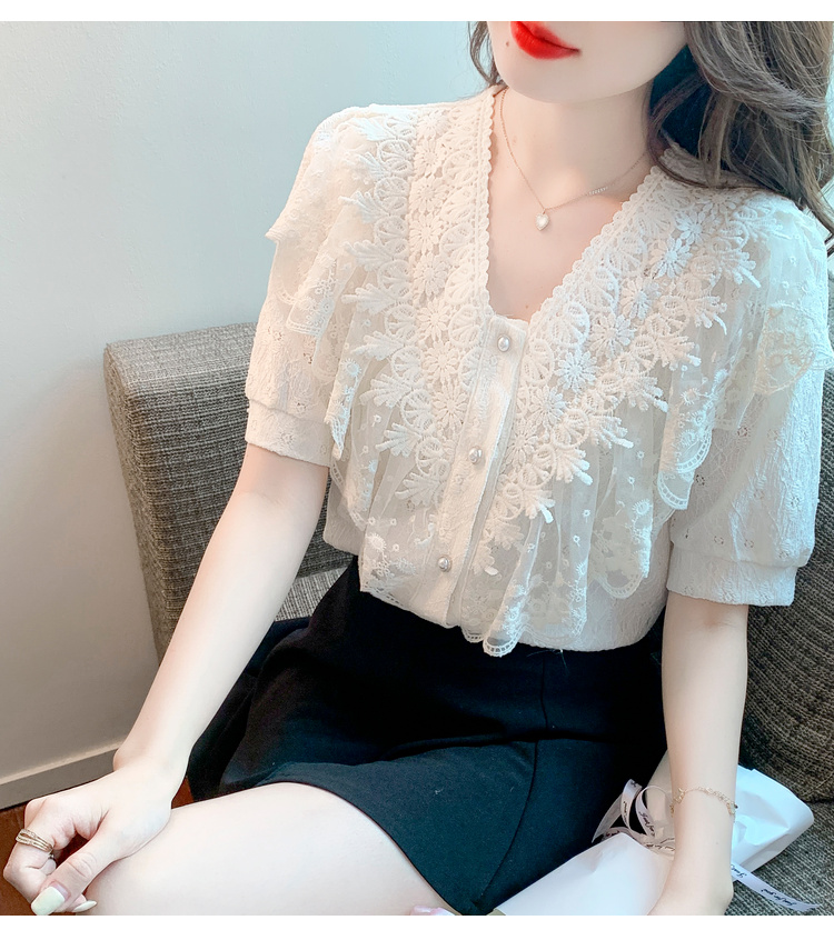 A333 : Áo sơ mi ren ngắn tay HQ cổ viền bèo