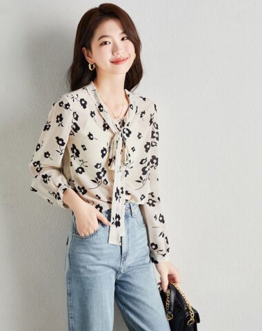 A347 : Áo sơ mi voan hoa HQ đơn giản cổ thắt nơ