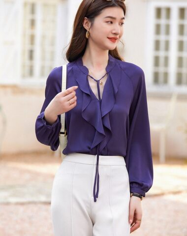 A348 : Áo sơ mi lụa viền bèo cổ buộc dây