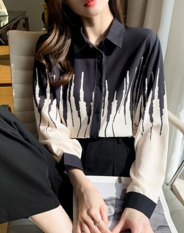 A351 : Áo sơ mi chiffon HQ phối sọc màu cổ bẻ
