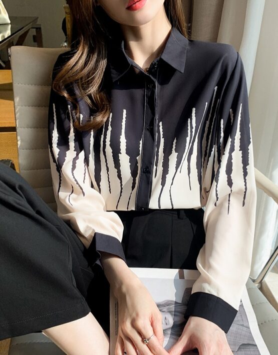A351 : Áo sơ mi chiffon HQ phối sọc màu cổ bẻ