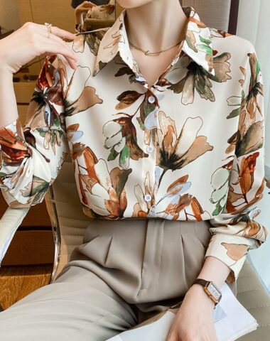 A362 : Áo sơ mi chiffon HQ in họa tiết nghệ thuật cổ bẻ