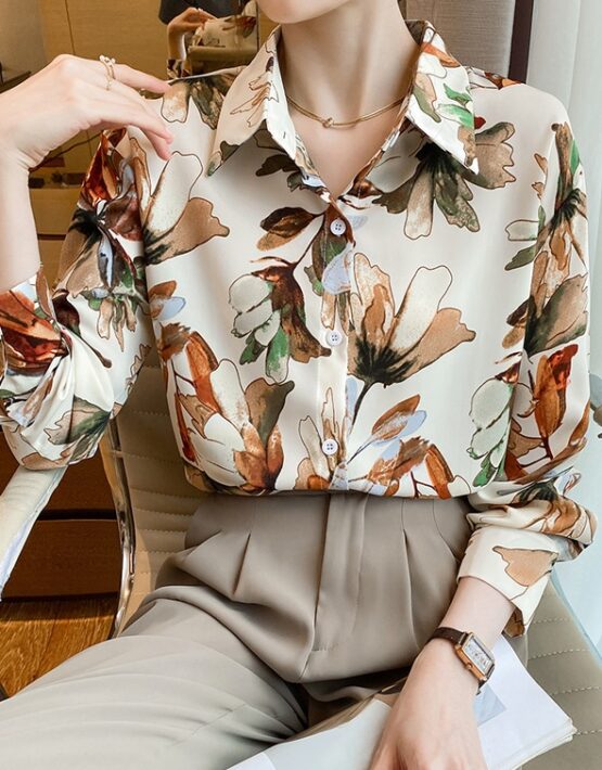 A362 : Áo sơ mi chiffon HQ in họa tiết nghệ thuật cổ bẻ