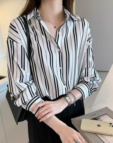 A363 : Áo sơ mi chiffon sọc kẻ mẫu mới dáng thụng cá tính