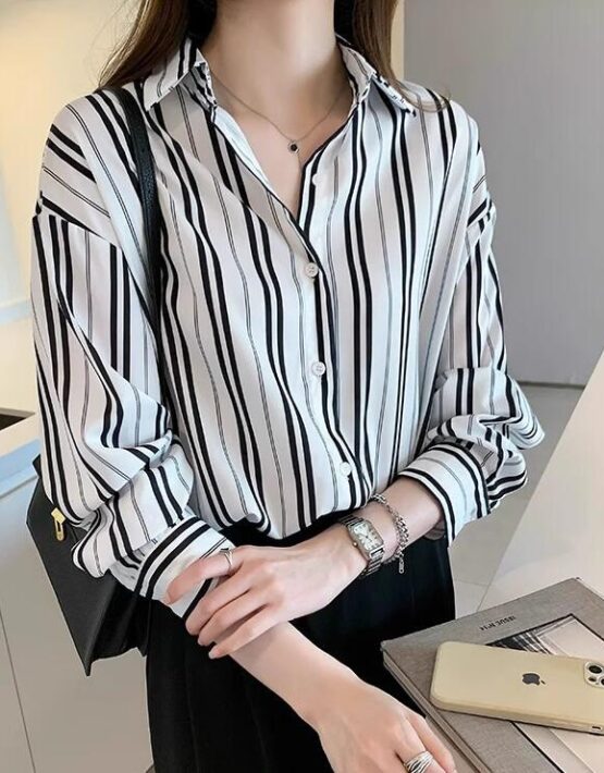 A363 : Áo sơ mi chiffon sọc kẻ mẫu mới dáng thụng cá tính