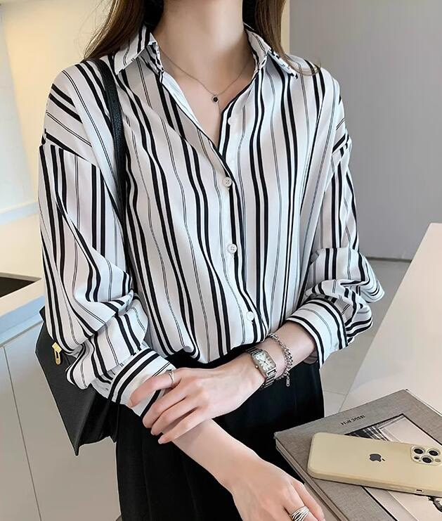 A363 : Áo sơ mi chiffon sọc kẻ mẫu mới dáng thụng cá tính
