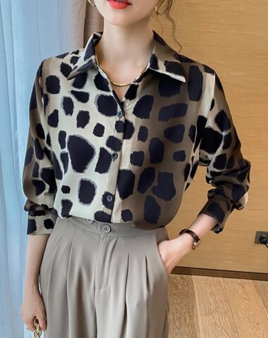 A364 : Áo sơ mi chiffon họa tiết vằn đốm cổ bẻ HQ