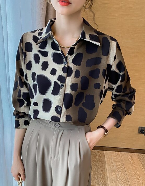 A364 : Áo sơ mi chiffon họa tiết vằn đốm cổ bẻ HQ