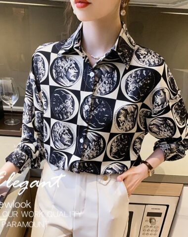 A365 : Áo sơ mi chiffon họa tiết retro mùa thu mẫu mới