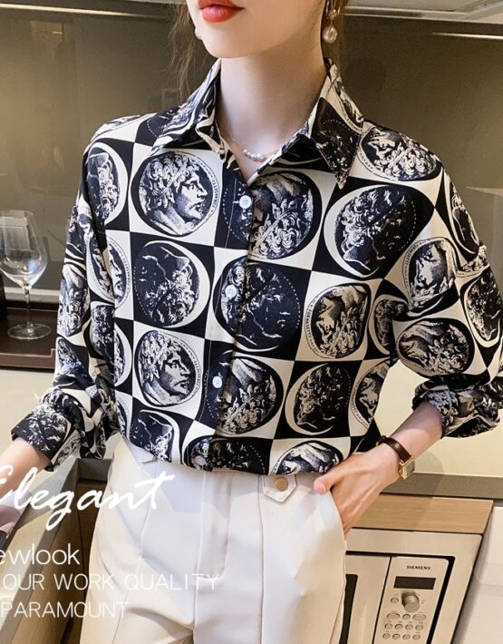 A365 : Áo sơ mi chiffon họa tiết retro mùa thu mẫu mới