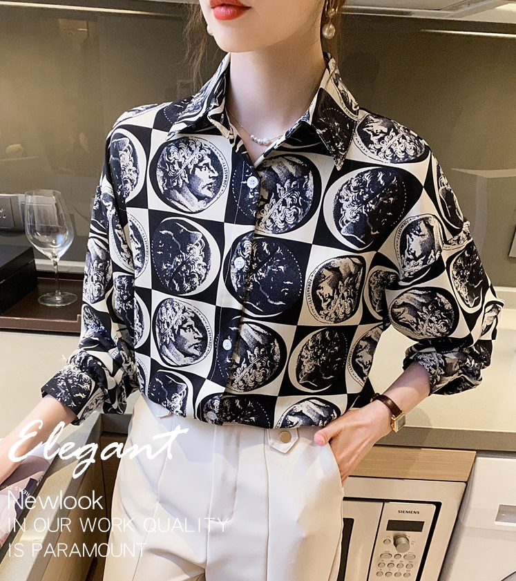 A365 : Áo sơ mi chiffon họa tiết retro mùa thu mẫu mới