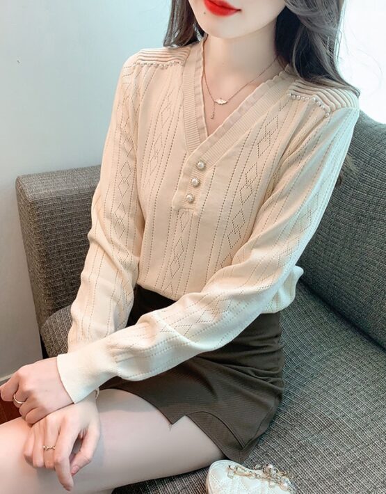 AL247 : Áo len dệt kim HQ cổ chữ V đính hạt ngọc trai