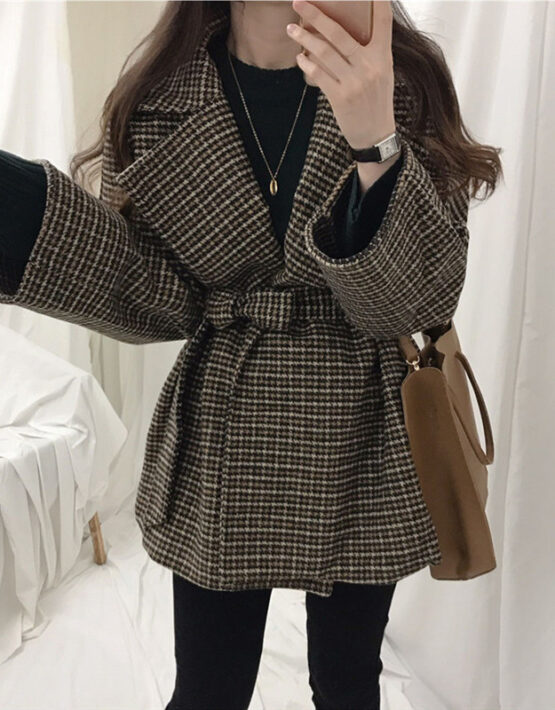 K284 : Áo khoác dạ HQ thân dài lửng cổ vest thắt đai eo