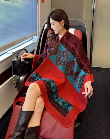KQ236 : Khăn choàng chăn dạ len HQ hoa văn retro bản to rộng cực ấm