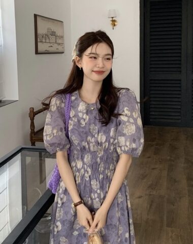 D261 : Đầm voan hoa Hàn Quốc dài tay phồng eo chun xinh đẹp