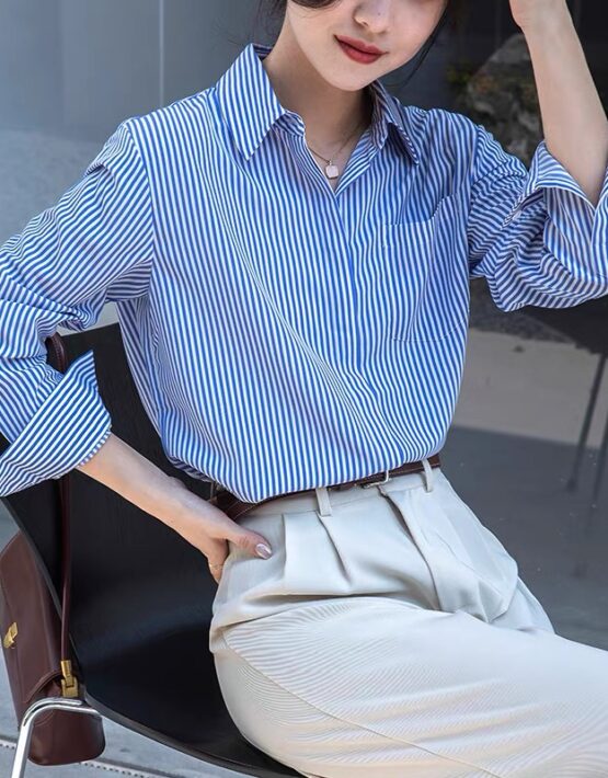 A401 : Áo sơ mi sọc kẻ dọc đơn giản thô cotton HQ