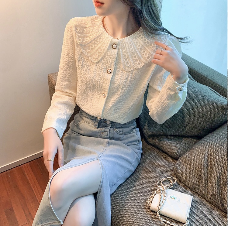 A414 : Áo sơ mi voan ren HQ dài tay cổ búp bê cài nút