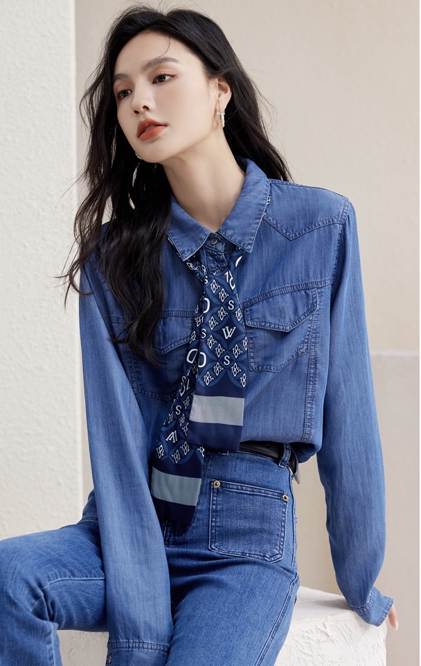 A416 : Áo sơ mi denim HQ dài tay 2 túi (kèm khăn)