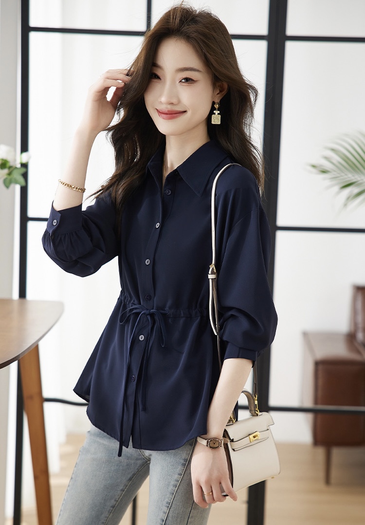 A419 : Áo sơ mi dài tay HQ cổ bẻ rút dây eo