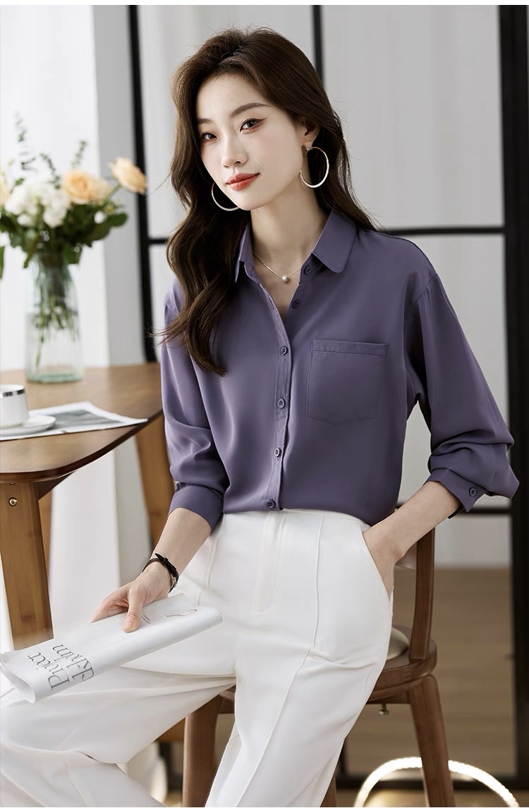 A420 : Áo sơ mi HQ tím cổ bẻ đơn giản túi 1 bên
