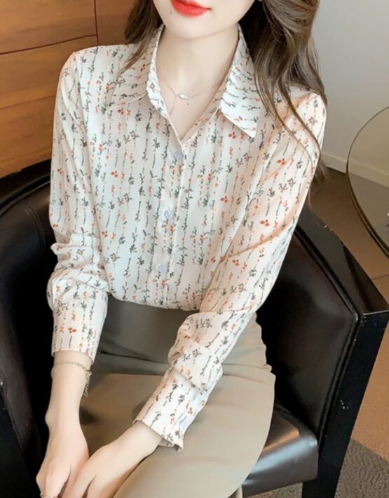 A424 : Áo sơ mi HQ sọc dọc hoa nhí cổ bẻ đơn giản